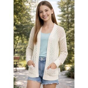 SO Girls Crochet Open Knit Cardigan Cream L 10-12 Boho Lightweight NWT